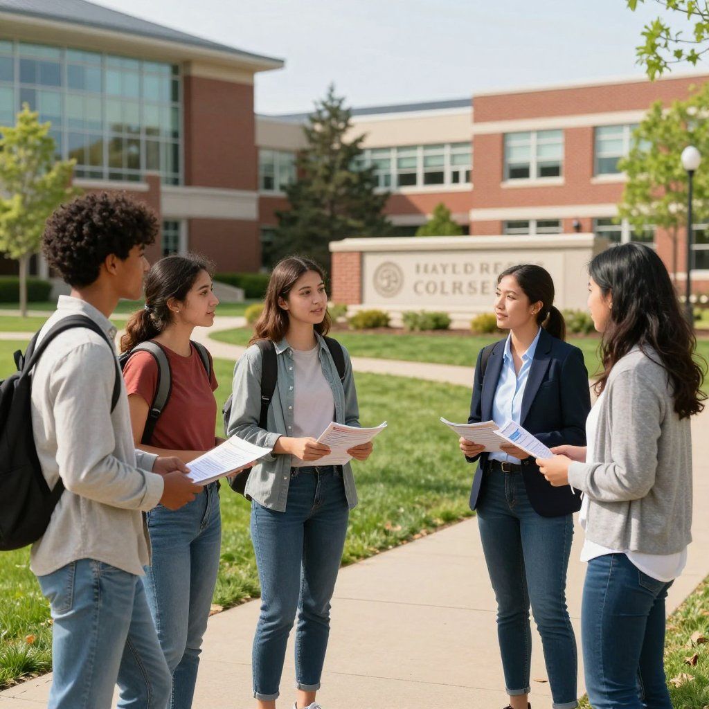 Five students standing outside, holding papers, talking near a building with a sign that says