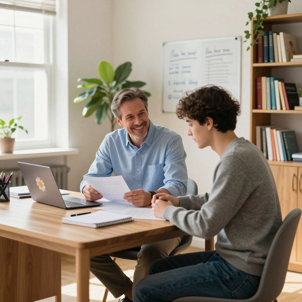 Man smiles while reviewing paperwork with a young person in a brightly lit office.