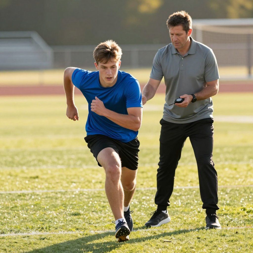 Runner sprinting on a track, coach holding a stopwatch, green field, sunny day.