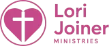 The logo for lori joiner ministries is a pink heart with a cross inside of it.