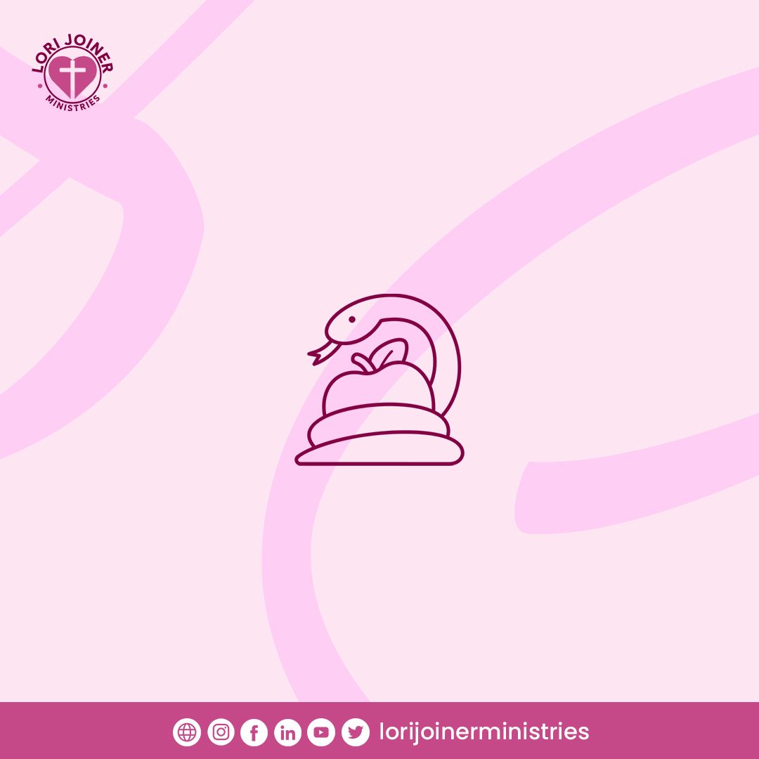 A line drawing of a snake eating an apple on a pink background.