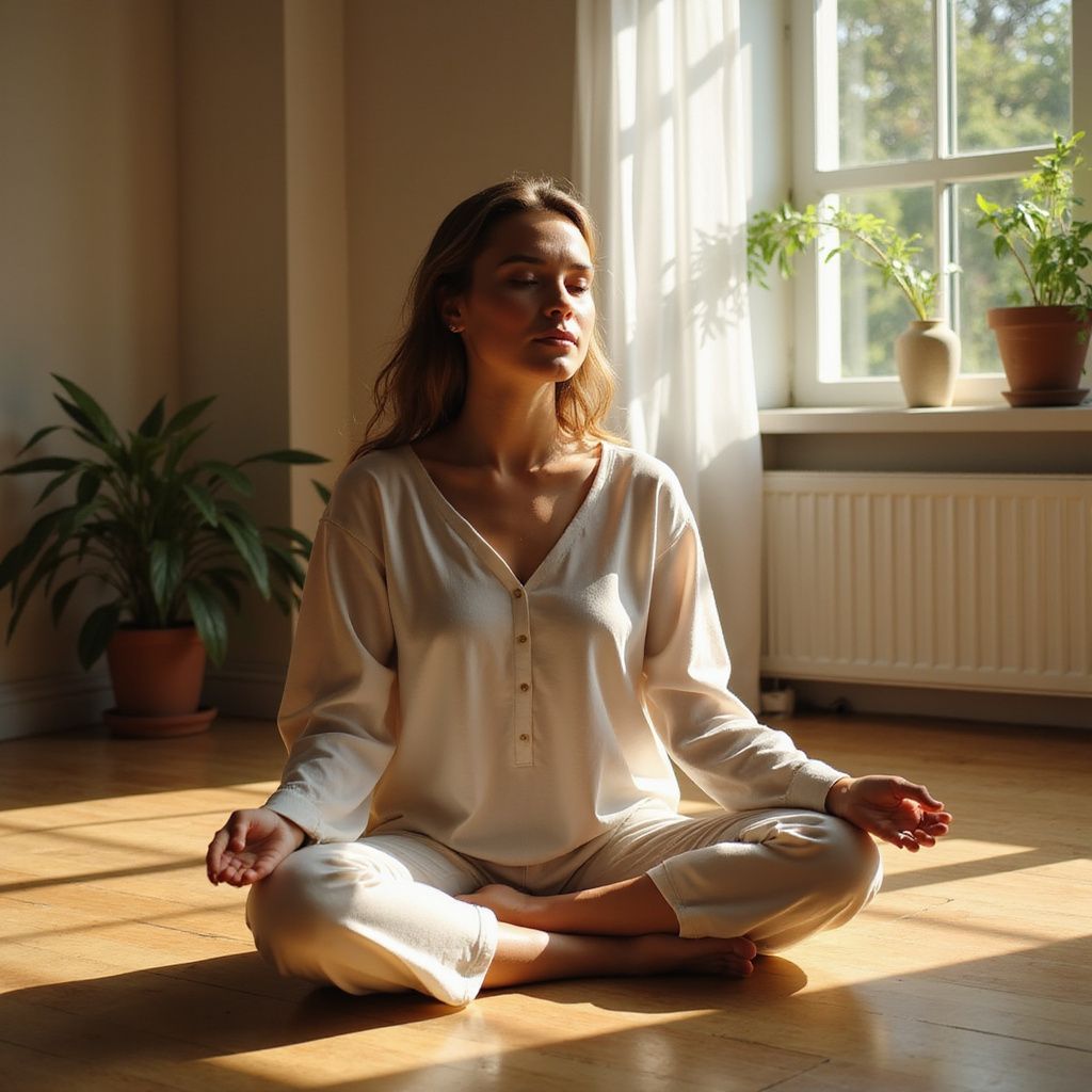 Woman in white pajamas meditating on a wooden floor, eyes closed, sunlight, houseplants, window.