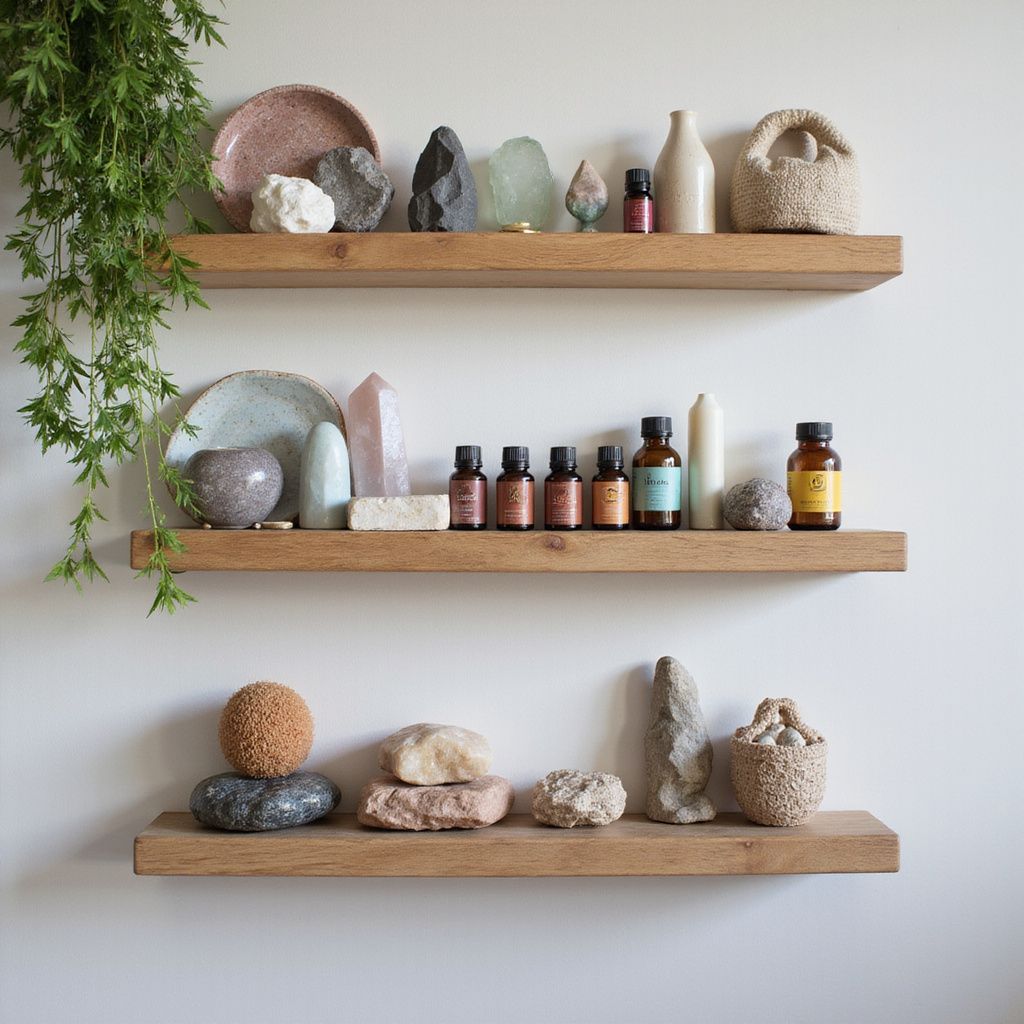 Three wooden shelves on a white wall display crystals, bottles, and decorative objects.