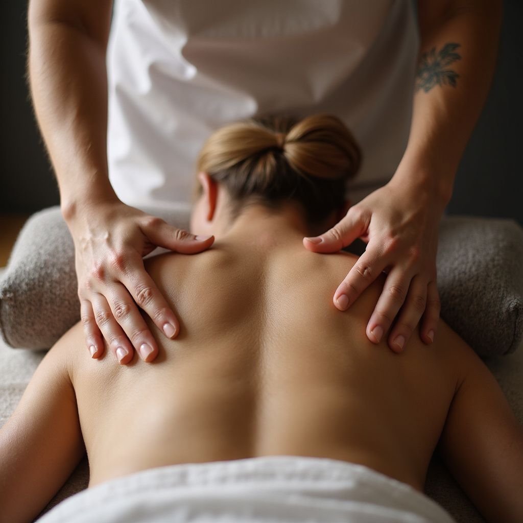 Person receiving a back massage at a spa. Hands apply pressure to the upper back.