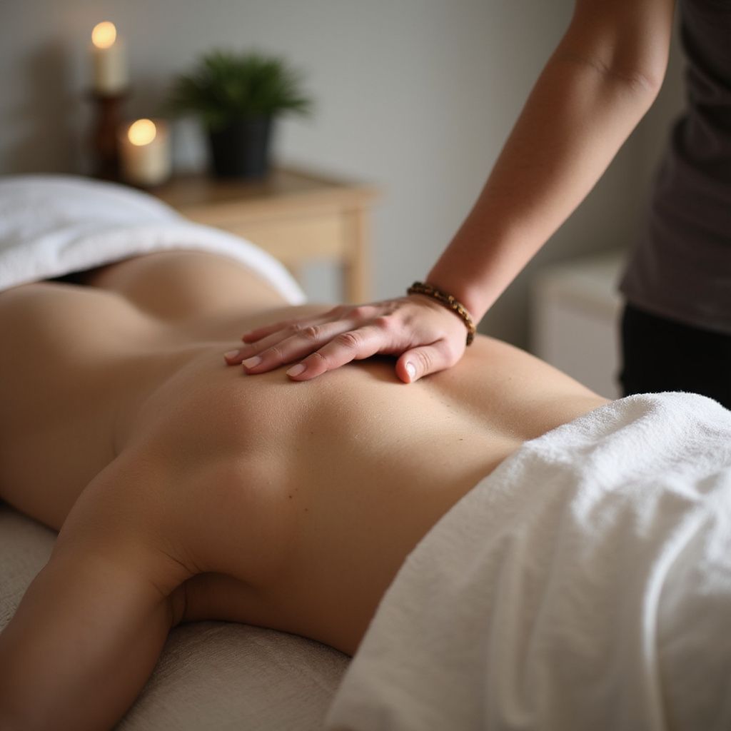 Person receiving a back massage in a spa. A hand is placed on their back, covered with a white towel.