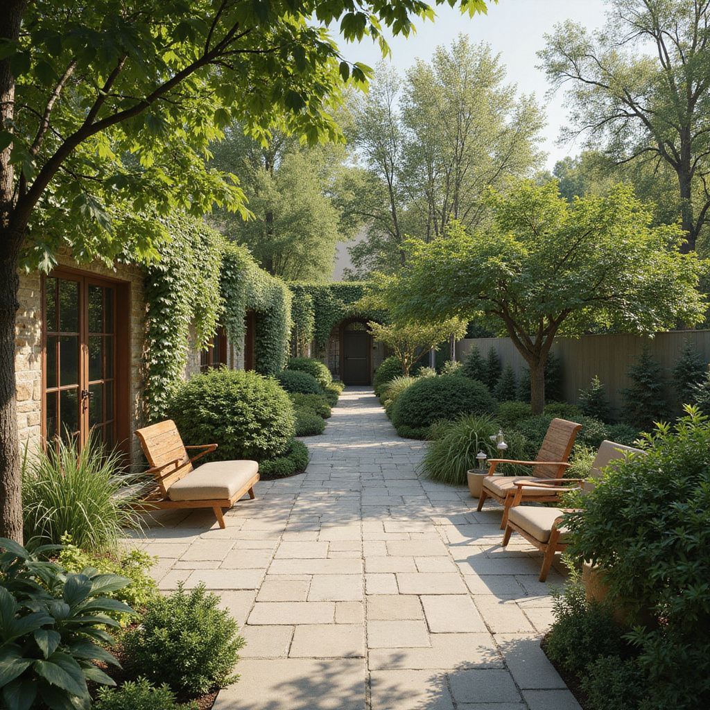 Stone patio with seating, flanked by lush green shrubs and trees, leading to a wooden gate.