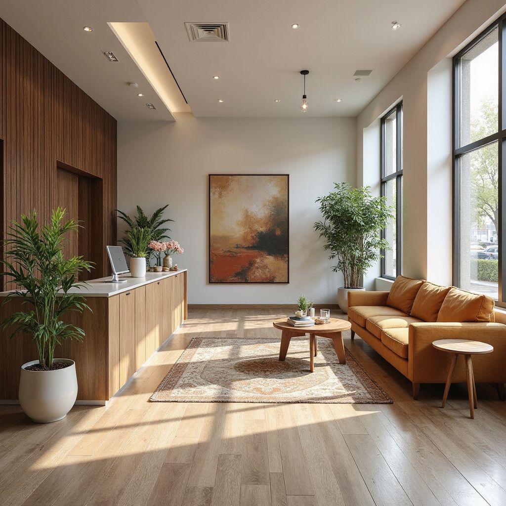 Reception area with wooden accents, artwork, plants, and a mustard-colored sofa. Large windows allow natural light.