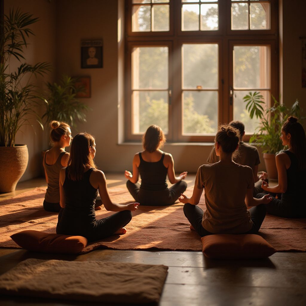 People sitting in a circle, meditating on cushions in a sunlit room.