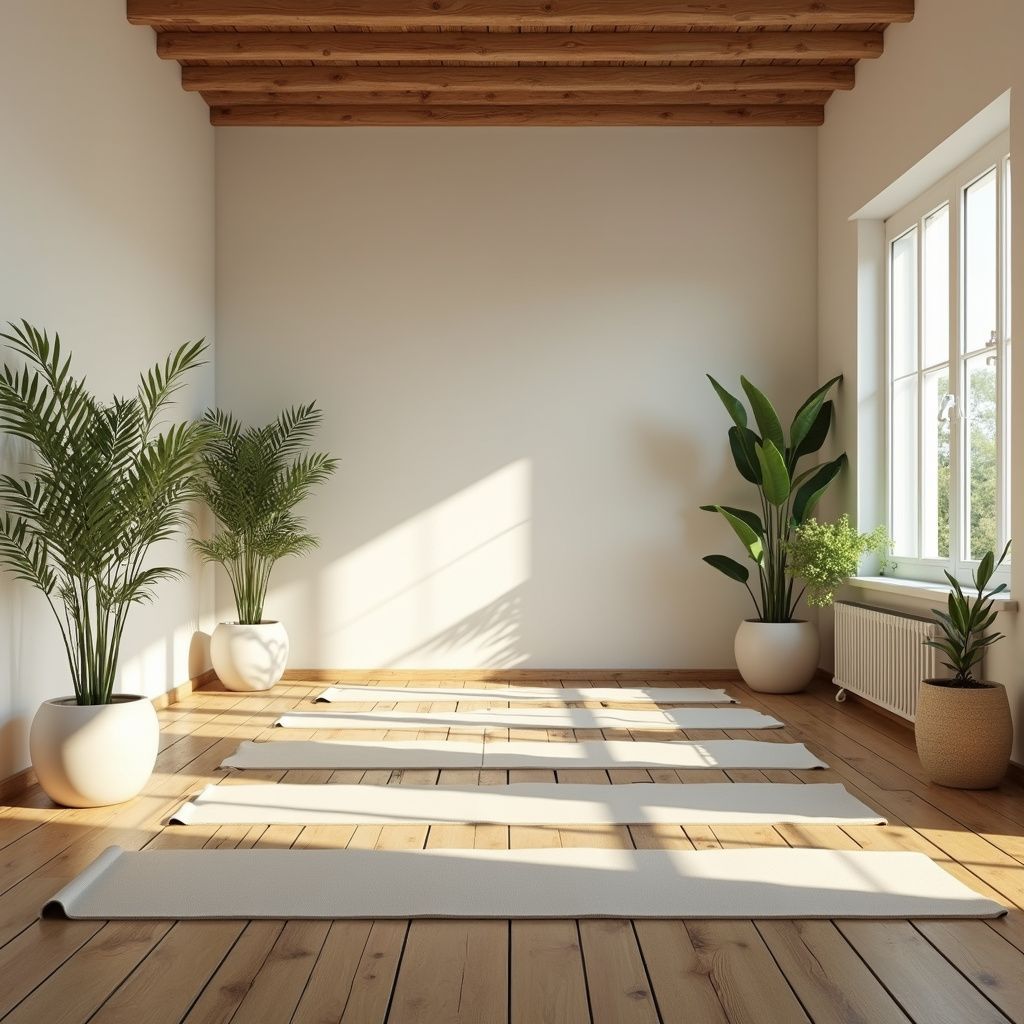 Yoga studio with wooden floor, white walls, plants, and rolled yoga mats. Sunlight streams through the window.