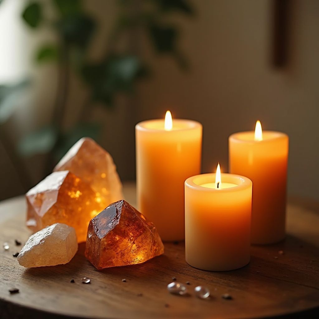 Three lit candles and glowing crystals on a wooden surface, with a plant in the background.