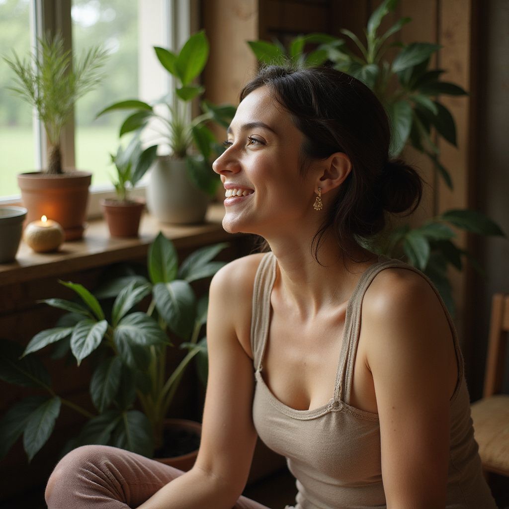 Woman smiles, looking out a window, surrounded by plants. Wearing tank top, sitting in a room with a natural light.