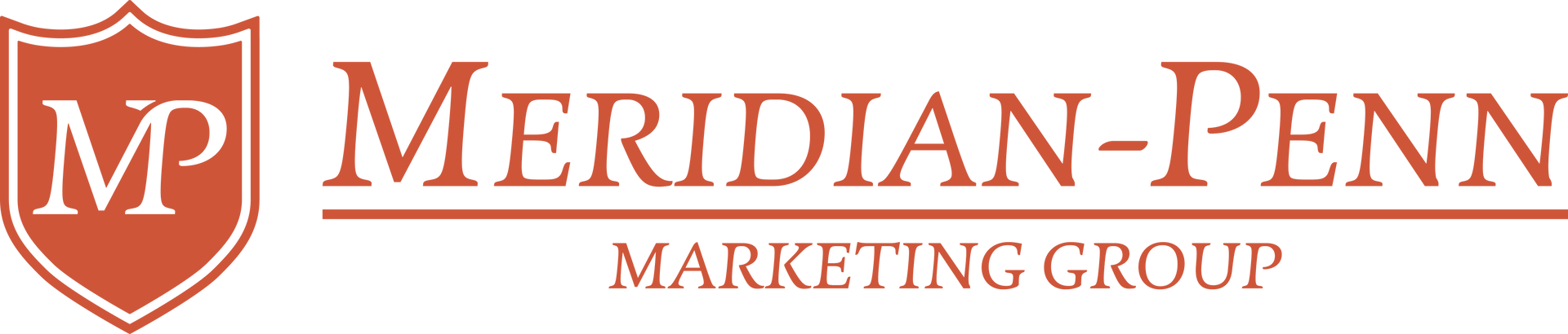 Logo for Meridian-Penn Marketing Group, featuring a shield with "MP" initials and company name.