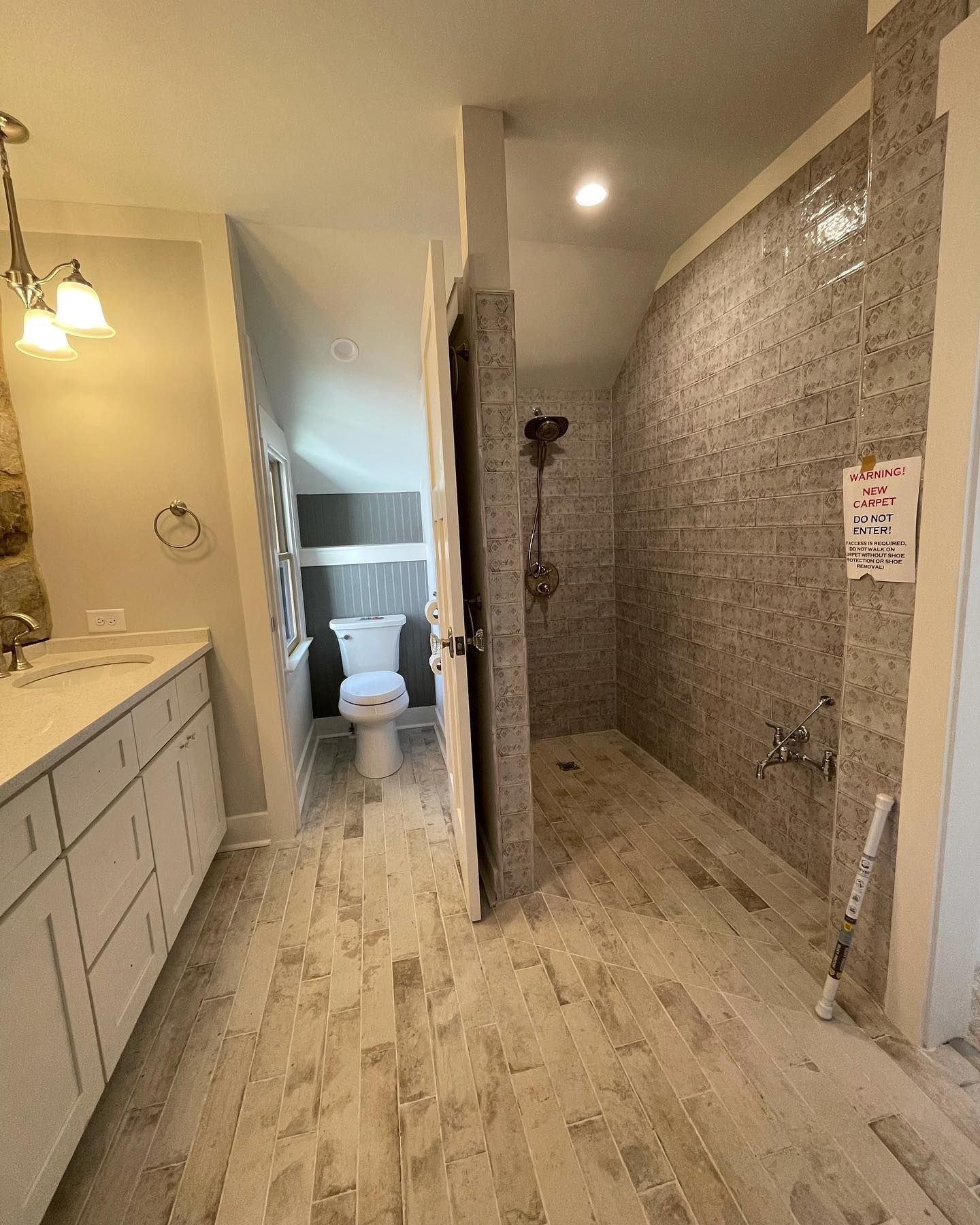 A bathroom with a toilet , sink , and walk in shower.