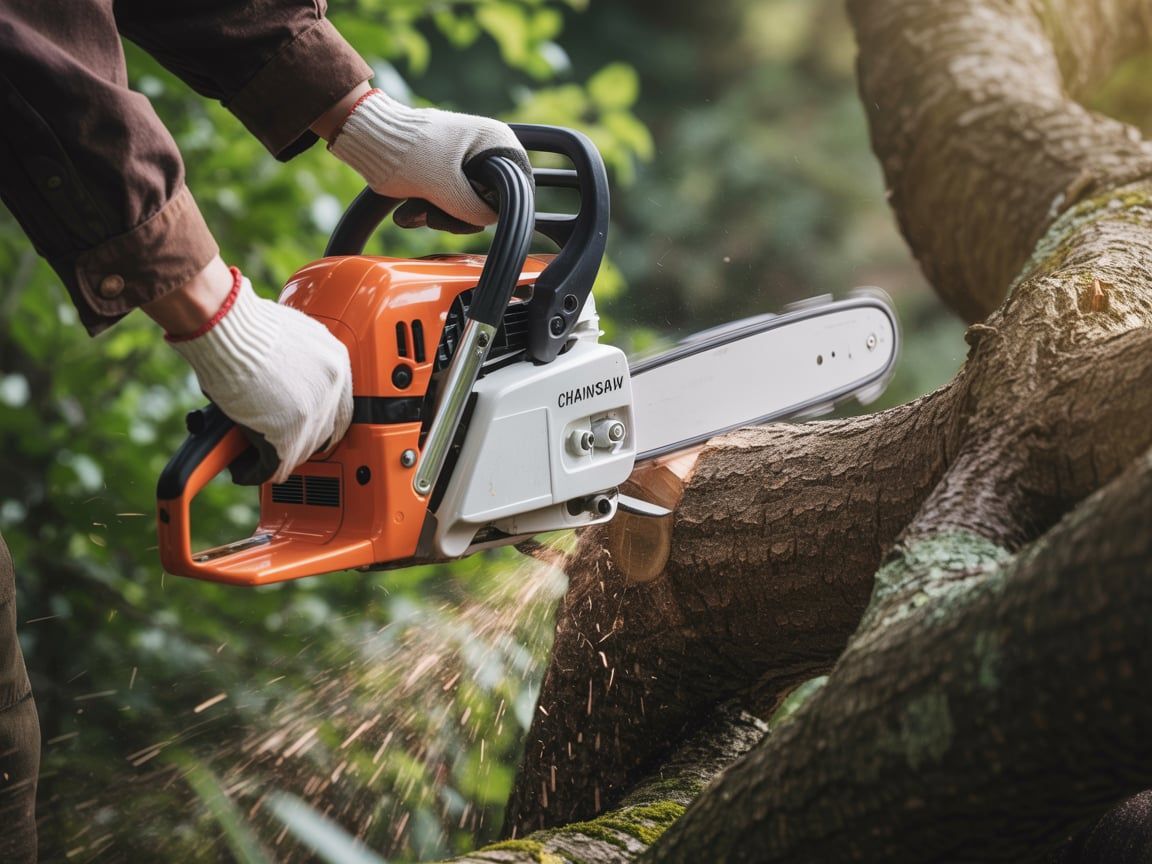 Person in gloves using a chainsaw to cut a tree branch; sparks flying.