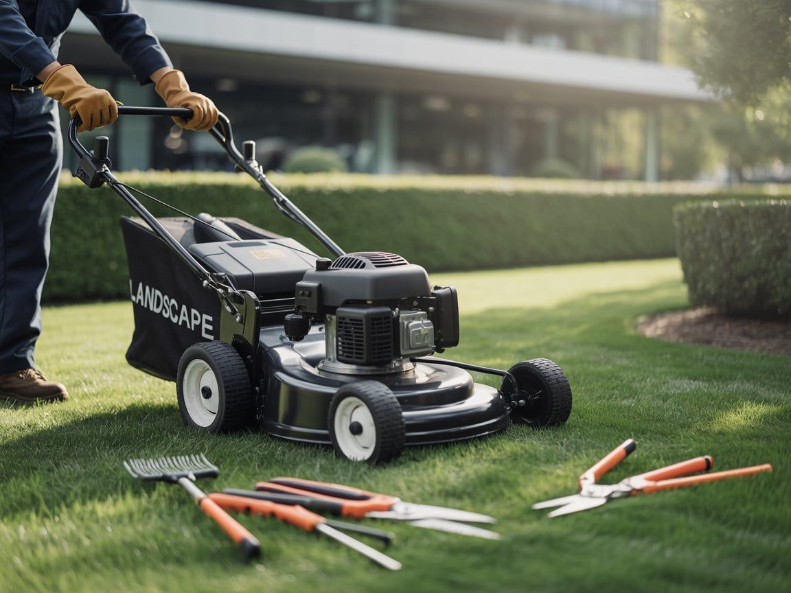 Person mowing grass with a lawnmower in a sunny yard with gardening tools.