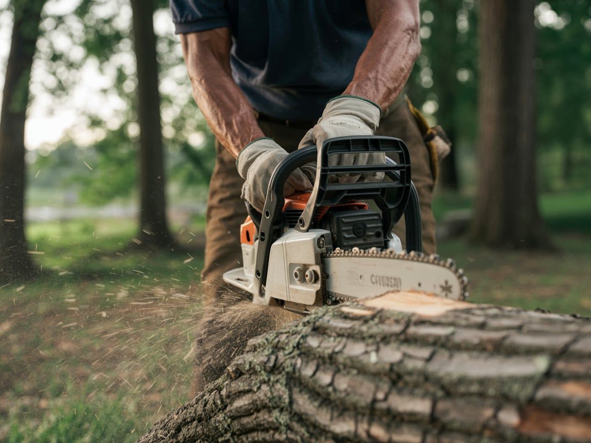 Man cutting a log with a chainsaw outdoors, wearing gloves and work clothes.