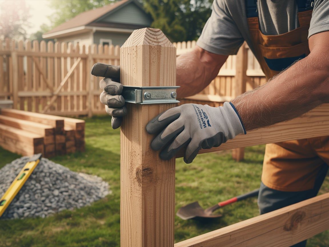 Man in work gloves attaching wooden fence rail to a post with a bracket outdoors.