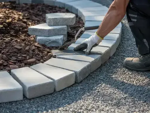 Man laying gray concrete pavers to create a curved garden border.