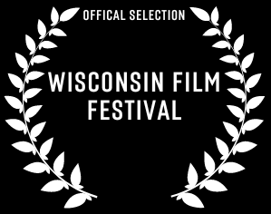A white laurel wreath with the words wisconsin film festival on a black background.