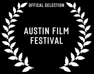 A white laurel wreath with the words `` austin film festival '' on a black background.