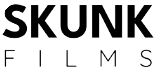 A black and white logo for skunk films on a white background.