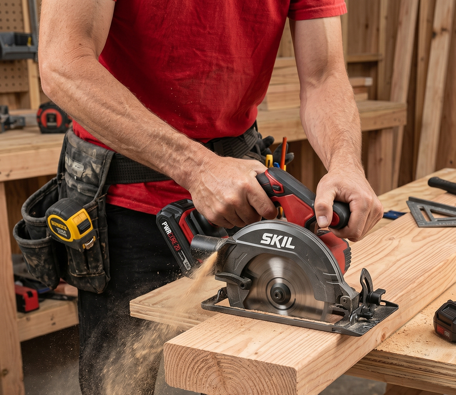 Carpenter cutting a wooden board with a hand saw in a workshop