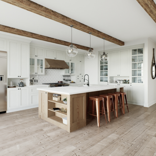 Bright white kitchen with wood beams, island seating, and light wood flooring