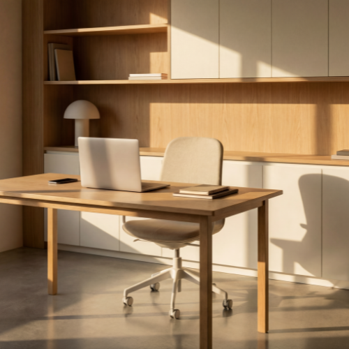 Modern home office with wooden desk, laptop, chair, and built-in shelves in warm sunlight