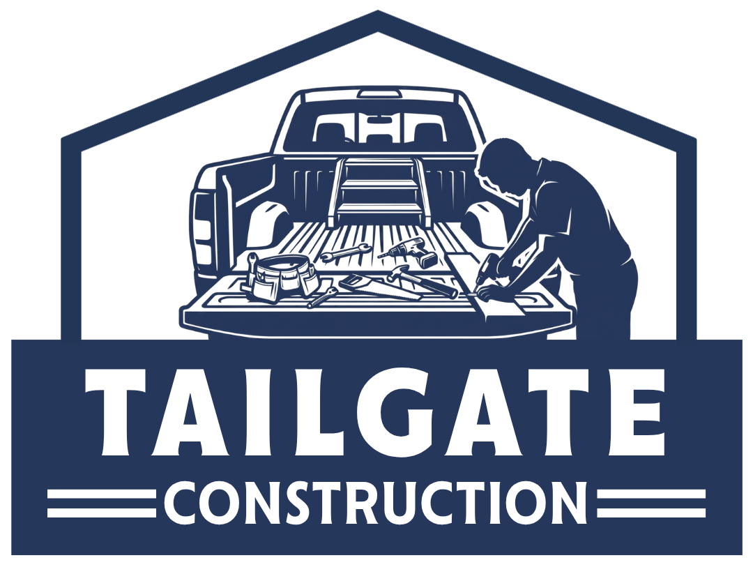 Tailgate Construction logo with blue pickup truck and house outline