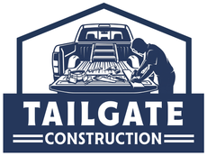 Tailgate Construction logo with blue pickup truck and house outline