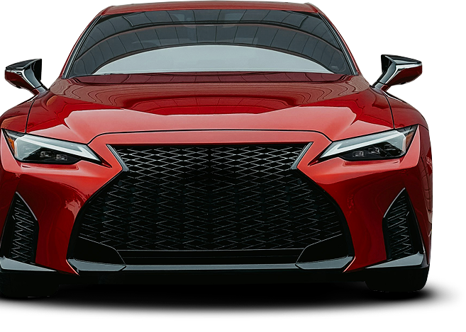 Red Lexus sports car, front view, black grill, shiny finish.