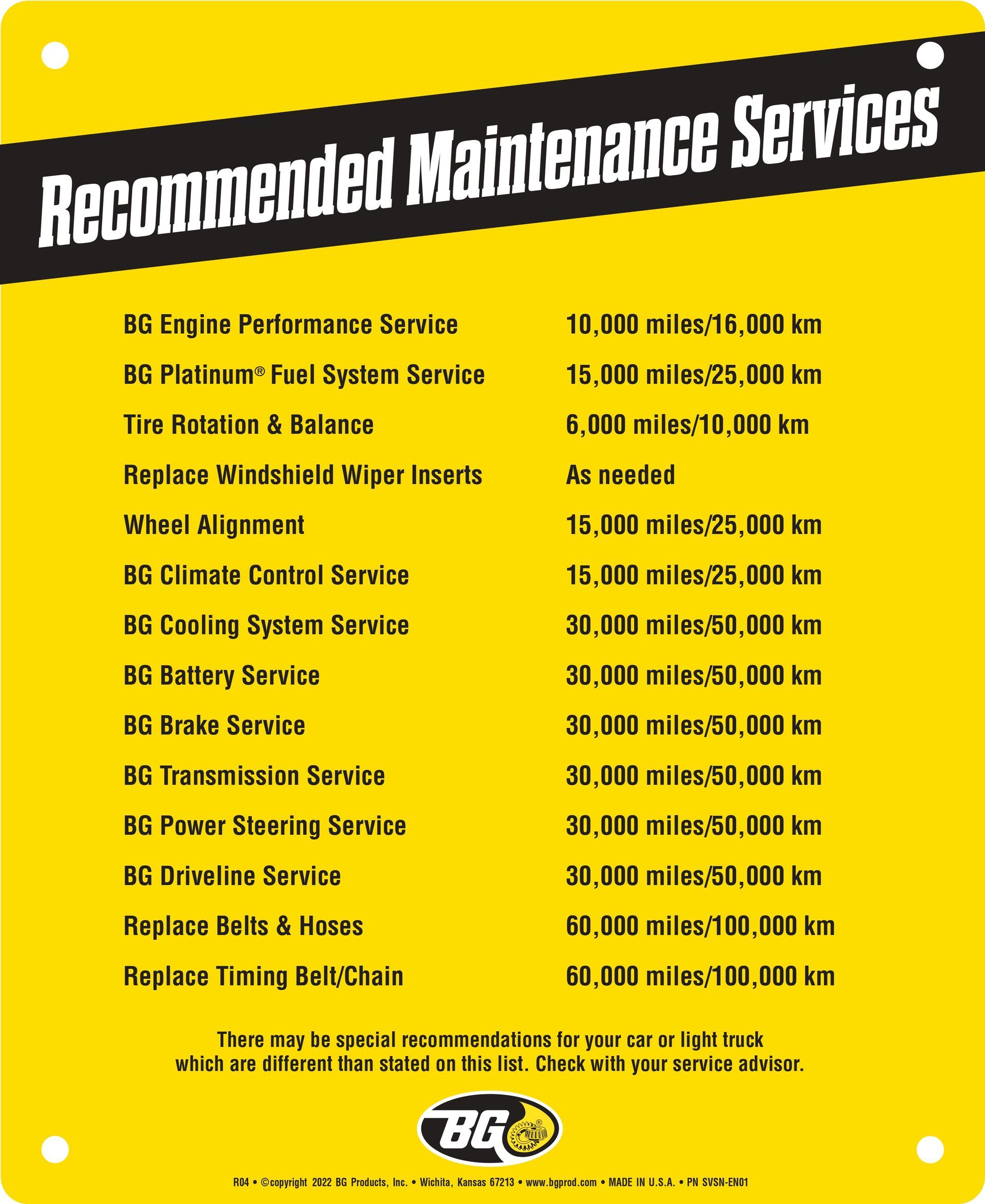 Yellow sign listing recommended car maintenance services with mileage intervals | Quick & Easy Automotive