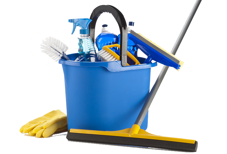 A blue bucket filled with cleaning supplies and a mop.