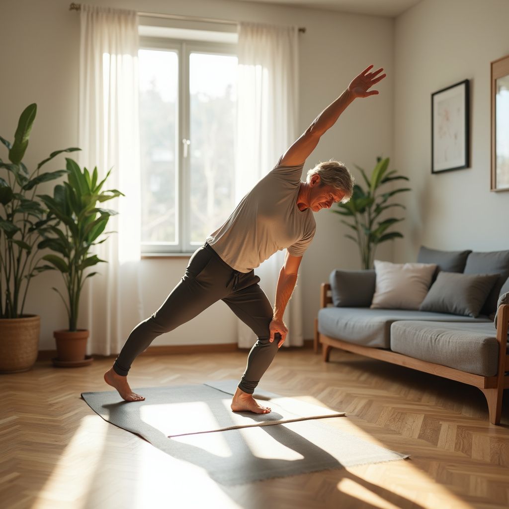 Man in home workout stretching on mat, arm raised, near window and couch.