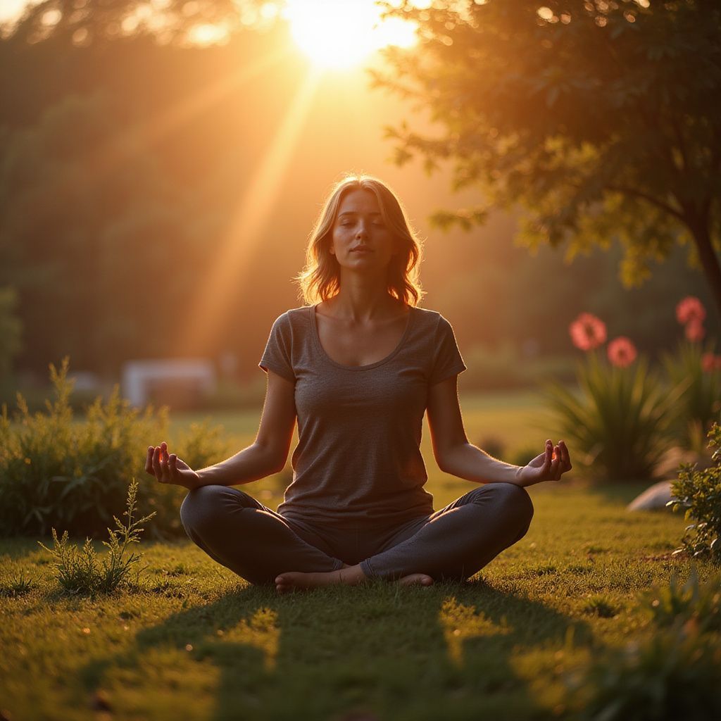 Woman meditating outdoors in a garden with sun rays shining down.