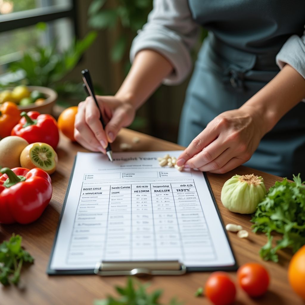 Person filling out a nutrition form, surrounded by fresh produce: peppers, oranges, and herbs.