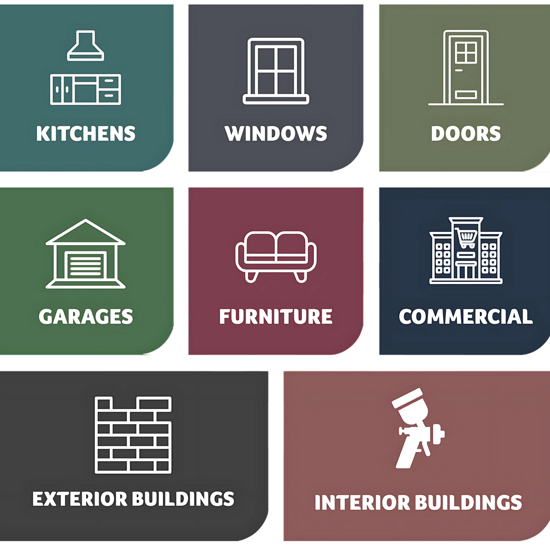 We spray kitchens, windows, doors, garages, furniture, commercial buildings, homes, interiors & exteriors