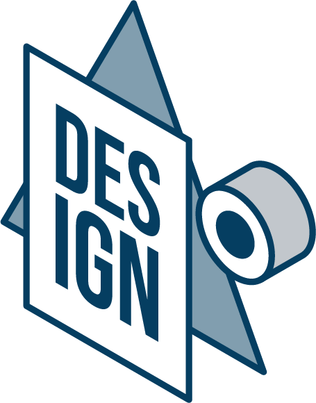 A blue and white logo for des ign