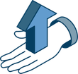 A hand is holding a house with an arrow pointing up.