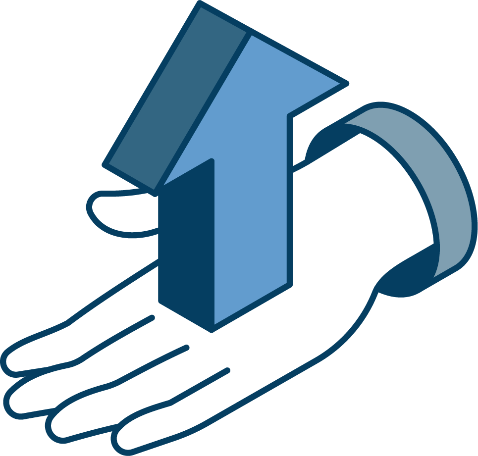 A hand is holding a house with an arrow pointing up.