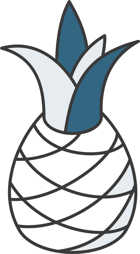 A drawing of a pineapple with a blue flower on top.