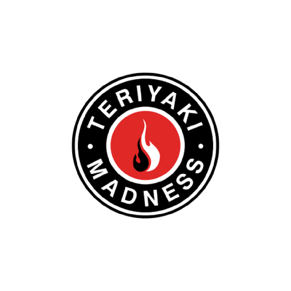 The Teriyaki Madness logo features a black circular border with white text and a red center containing a white flame icon.