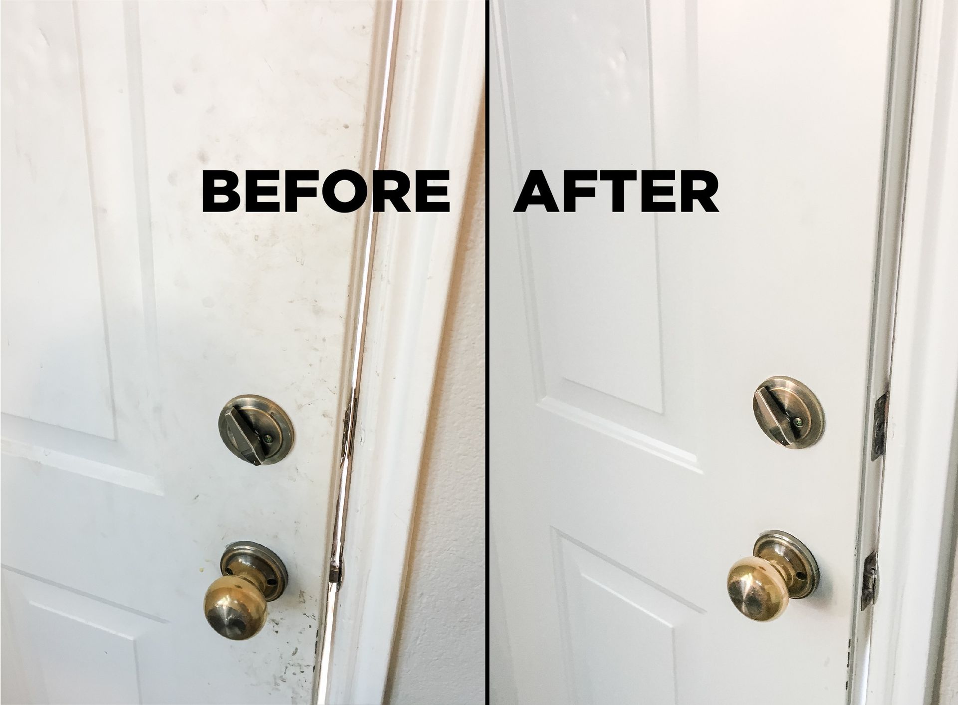 Side-by-side comparison showing a dirty white door before and after it has been cleaned.
