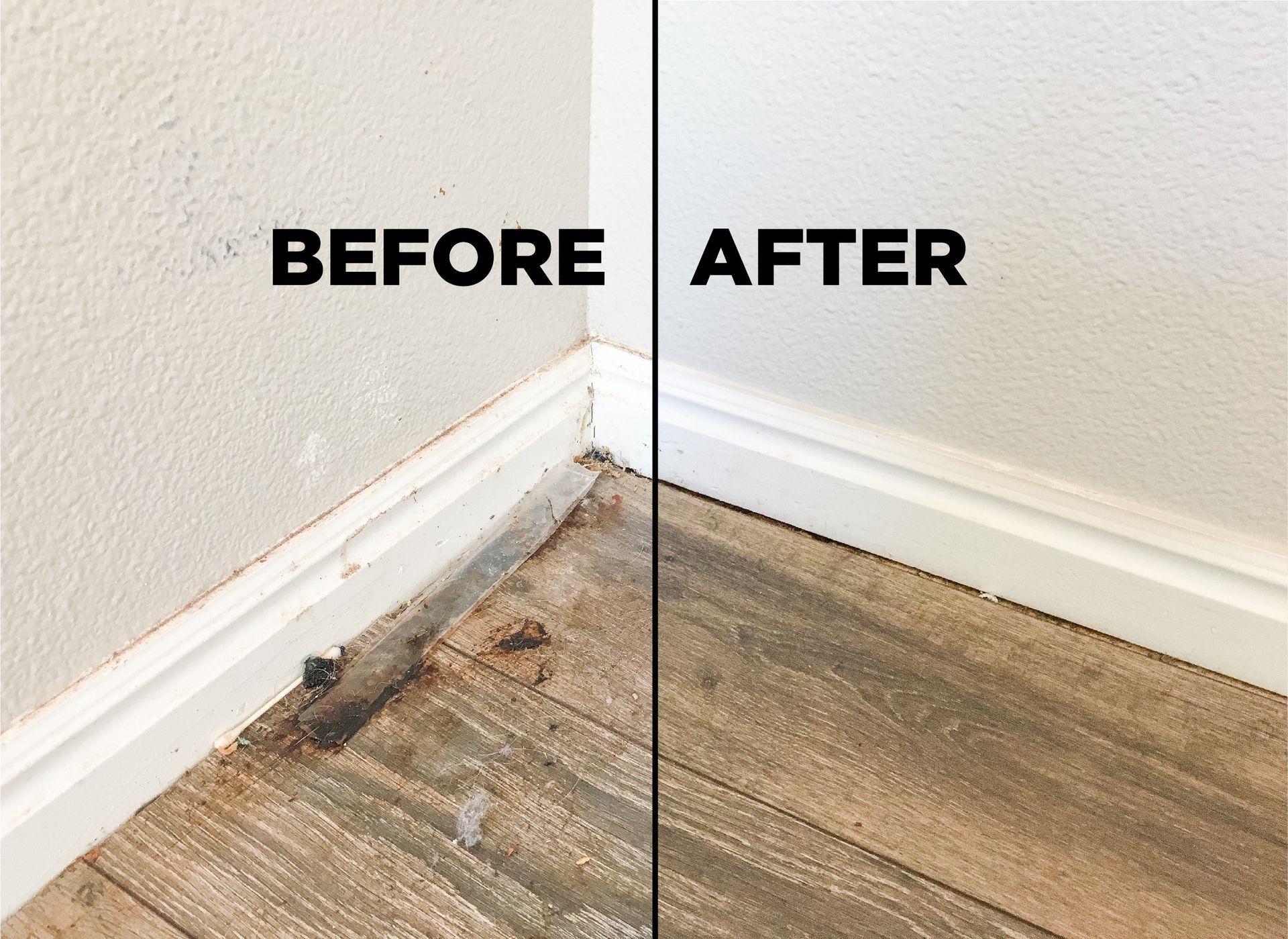 Before and after view of a corner with baseboards and wood-look flooring showing a transition from dirty to clean.