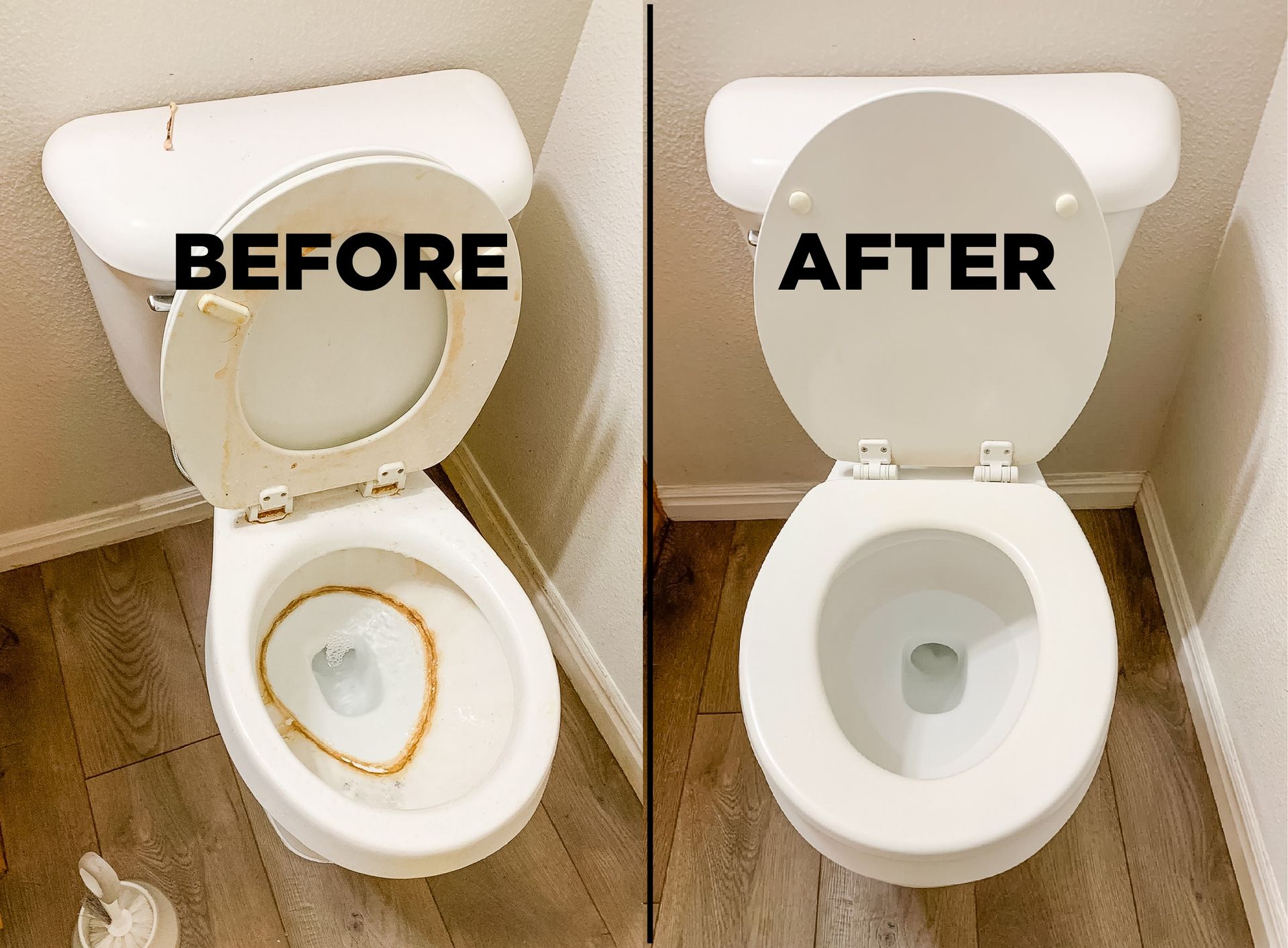 Before and after comparison of a toilet bowl showing the removal of a deep ring stain after cleaning.