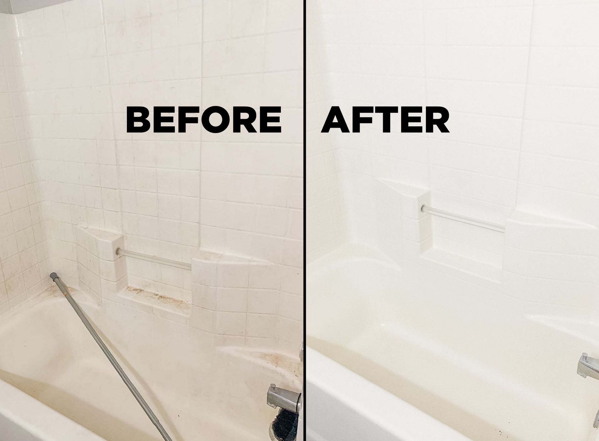 Before and after comparison of a bathtub surround, showing a stained, dirty wall surface cleaned and restored to white.