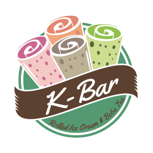 Logo for K-Bar featuring four colorful rolled ice creams inside a green circle with text "K-Bar Rolled Ice Cream & Boba Tea".