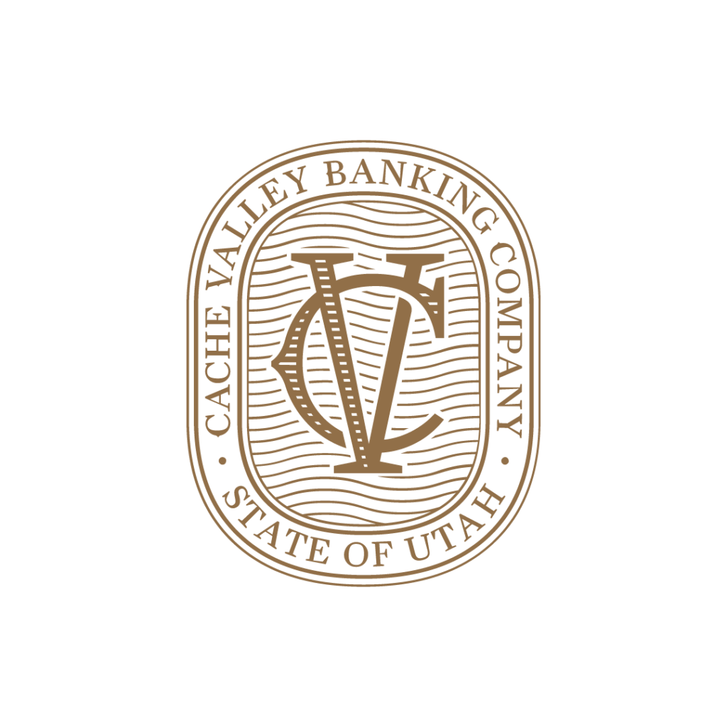 Tan logo for Cache Valley Banking Company featuring a stylized "CV" monogram inside an oval frame with wavy lines.