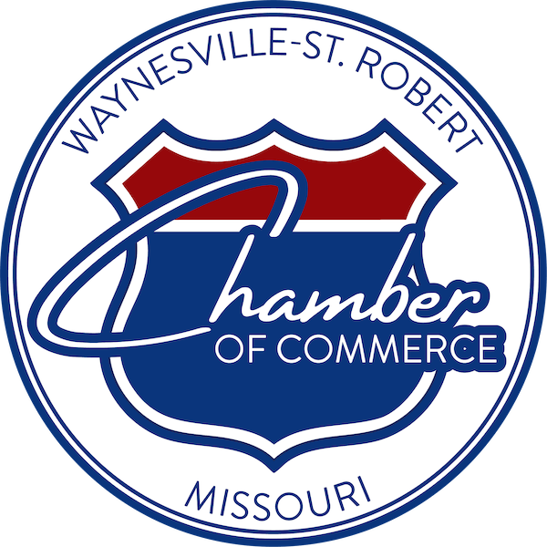 Chamber of Commerce logo with blue and red shield, stylized text, and city names.