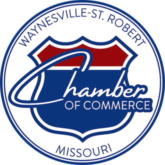 Chamber of Commerce logo with blue and red shield, stylized text, and city names.